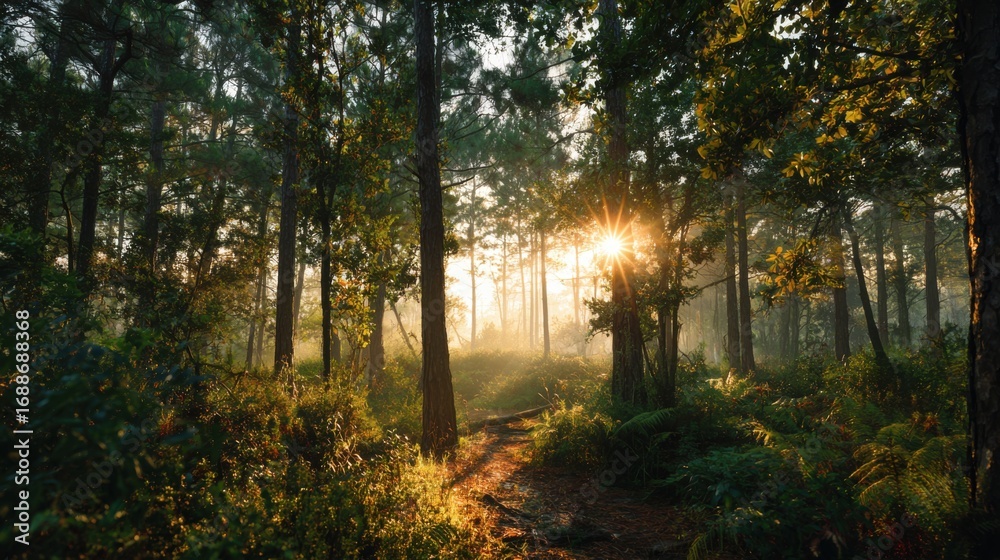Obraz premium Morning light breaks through the trees in a tranquil forest. Soft rays illuminate the lush greenery and create a peaceful atmosphere, inviting exploration and appreciation of nature.