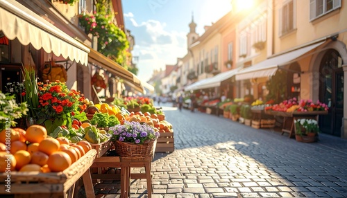 Colorful outdoor market stall with fresh fruits, vegetables, and flowers