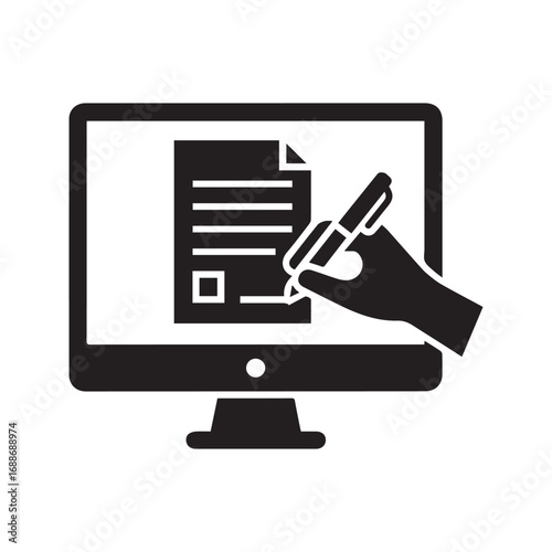 Digital signature black glyph icon. E-signing an online document on a computer screen. Hand with stylus signing electronic contract or form.
