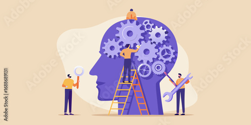 Tiny people working on gears inside a giant human head symbolizing teamwork and problem solving