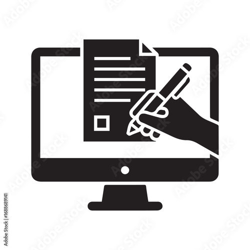Digital signature black glyph icon. E-signing an online document on a computer screen. Hand with stylus signing electronic contract or form.
