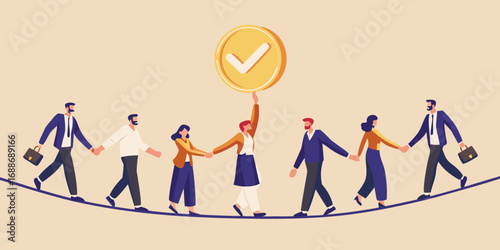 Diverse business team holding hands walking on a tightrope balancing a golden coin with a checkmark symbolizing success and achievement