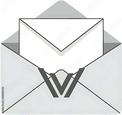 Minimalist vector graphic of an open envelope containing a letter, featuring a modern abstract monogram logo for business communication