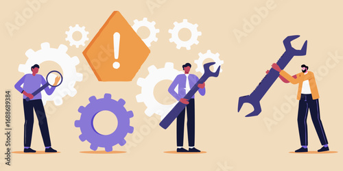 Team of people working together with tools and gears to solve problems and fix issues