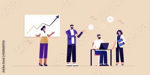 Diverse business team collaborating on a project with a growth chart and gears illustration