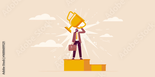 Successful businessman holding a golden trophy aloft on a winner s podium celebrating achievement and victory