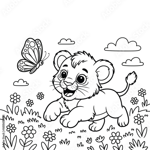 Cute Adorable cartoon lion cub and butterfly line art coloring book page for kids and children sketch drawing activity book safari animal Print
