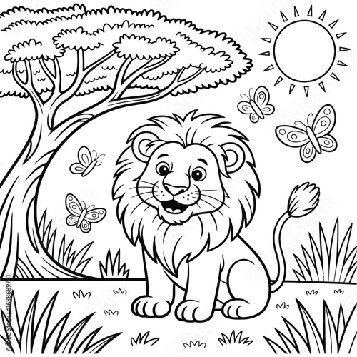 Cute Adorable cartoon lion line art coloring book page for kids and children sketch drawing activity book safari animal Print