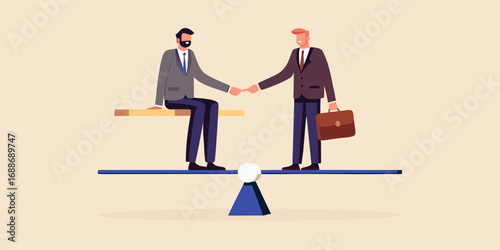 Two businessmen shaking hands on a balanced scale representing equality and partnership in business dealings