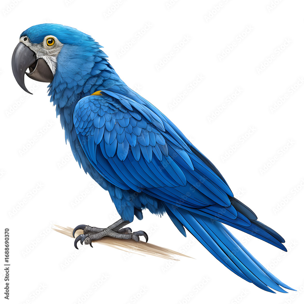 Obraz premium Vibrant blue hyacinth macaw parrot perched on a branch against a black background