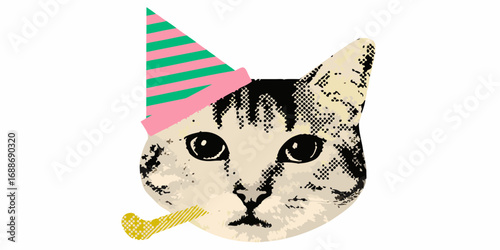 Whimsical cat wearing party hat and blowing party blower with festive stripes and dots