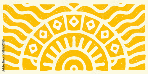 Abstract geometric sunburst pattern with wavy lines and diamond shapes in yellow and cream
