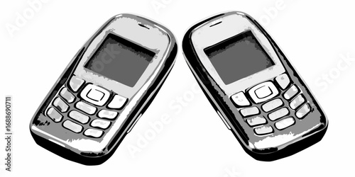Two old school mobile phones clinking together in a celebratory toast on a white background
