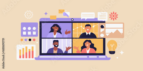 Diverse team collaborating remotely on a video conference call with charts and icons