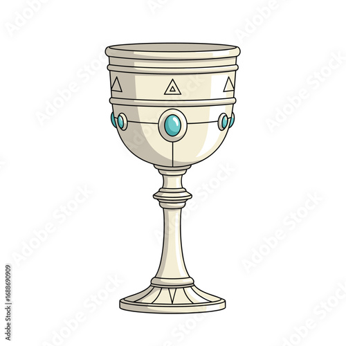 Mysterious ornate chalice with teal gems and triangular symbols on a white background