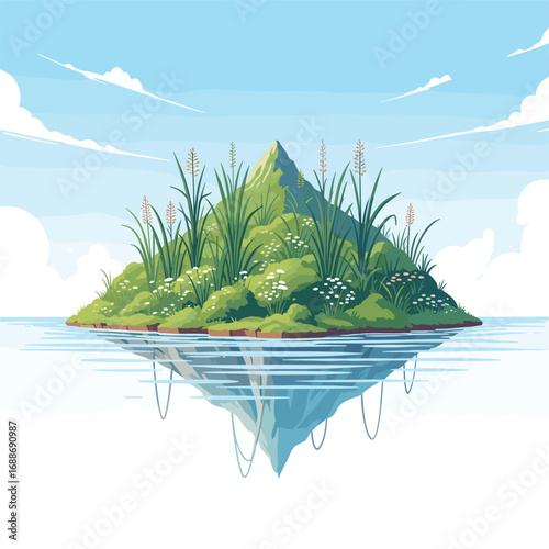 A lush green island floating serene on the water surface below