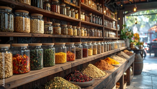 Shelves stocked with diverse spices and dried ingredients in jars