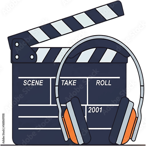 Filmmaking and audio production concept featuring a classic movie clapperboard with modern orange headphones, symbolizing the union of sight and sound in cinema