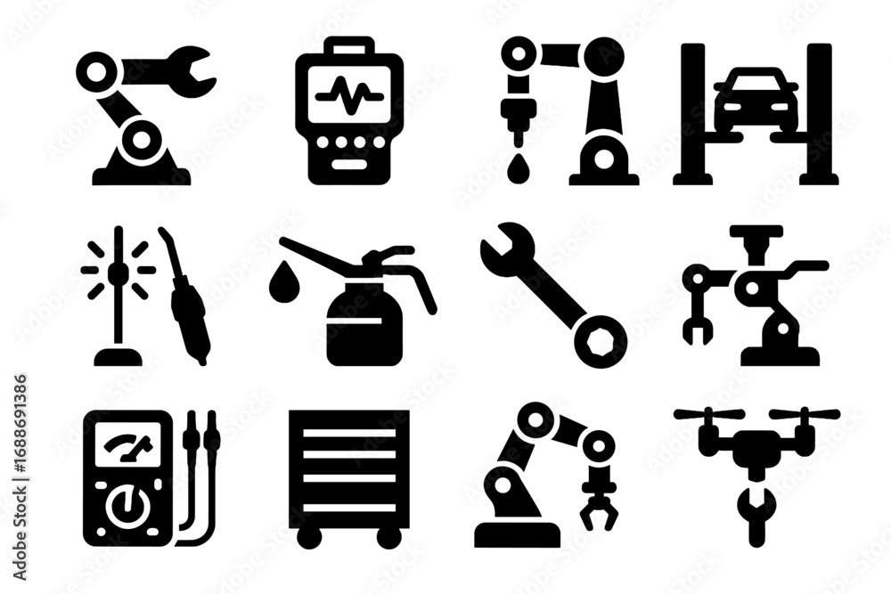 Obraz premium Repair digital tools hydraulic scanner vector drone icon mechanic automated screwdriver wrench