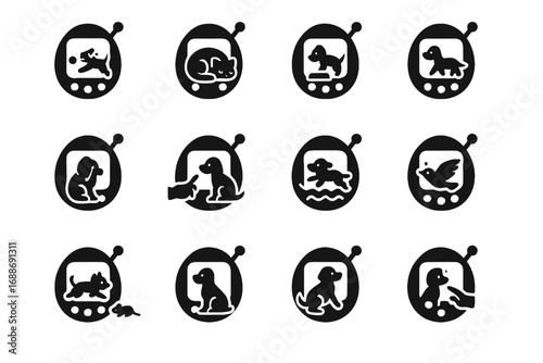 Eating digital walking jumping vector flying actions playing icon pet chasing sleeping