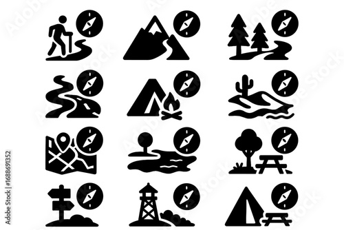 Modern observation river park trail compass icons rest campsite crossing icon forest