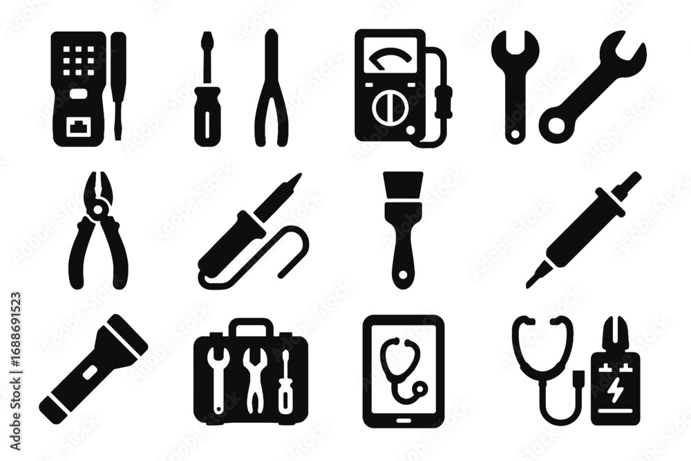 Obraz premium Maintenance thermal wrench toolkit icon tablet flashlight vector cable diagnostic tech brush