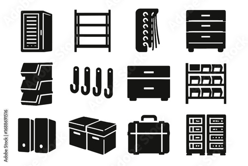 Organizer data shelving server tech icons vector icon bins storage drives cabinet