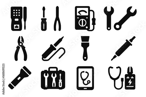 Maintenance thermal wrench toolkit icon tablet flashlight vector cable diagnostic tech brush