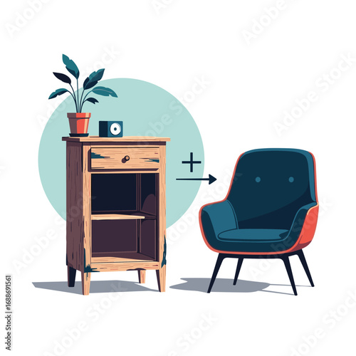Stylish mid century modern wooden nightstand and accent armchair combination for a cozy living space