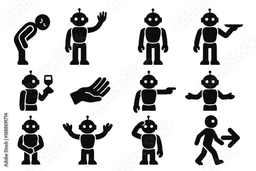 Pointing stance vector icons open mode palm butler robot tray offering icon