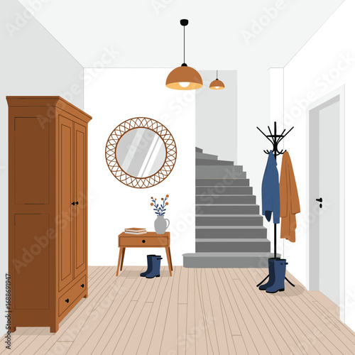 Interior hallway scene with staircase and wooden furniture