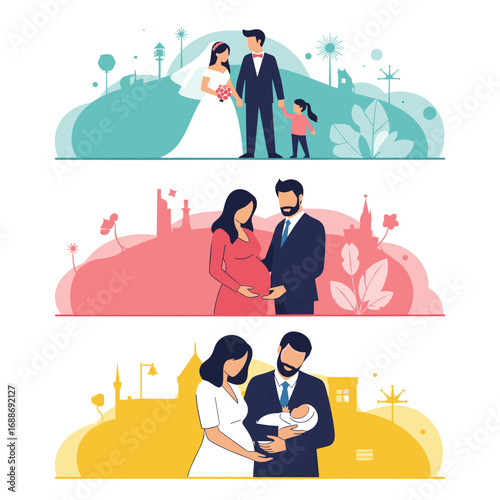Stages of family life from marriage to new baby celebration