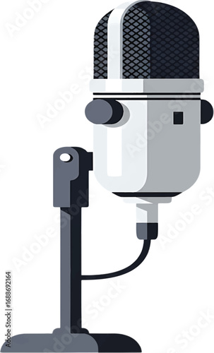 Retro style condenser microphone illustration for podcasting and broadcasting concepts. Classic audio recording equipment isolated on a white background