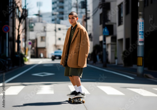 Streetwear fashion, oversized jacket, Tokyo street background, sunny day, a Hispanic male model with a buzz cut, wearing a tan oversized jacket and olive green shorts, skateboarding down the street