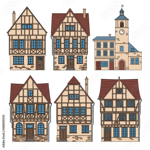 Collection of historic timber framed european buildings and architecture