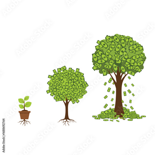 Illustration of a plant growing into a tree that bears money as leaves