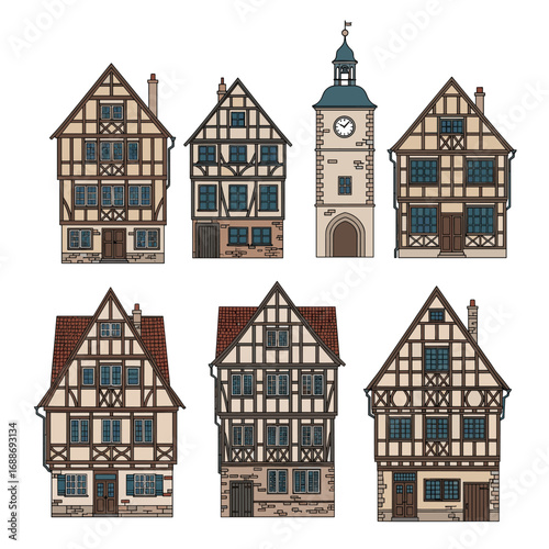 Collection of pixel art medieval buildings featuring timber framing architecture
