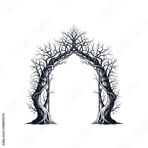Gnarled ancient forest archway entrance gateway to mysterious woodland realm