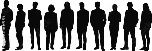 Group of business people standing together, diverse professional team silhouettes, corporate staff, teamwork, office employees, collaboration, unity, formal attire, partnership, success concept