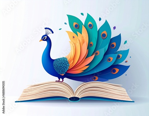 An elegant peacock illustration, a concept of beauty and profound wisdom, perched on an open book, symbolizing the journey of knowledge, learning, and creative enlightenment