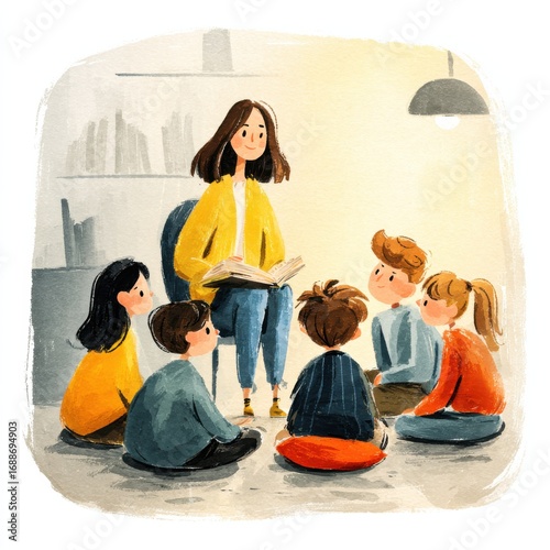 Engaging storytelling session for children classroom illustration warm atmosphere close-up view learning experience