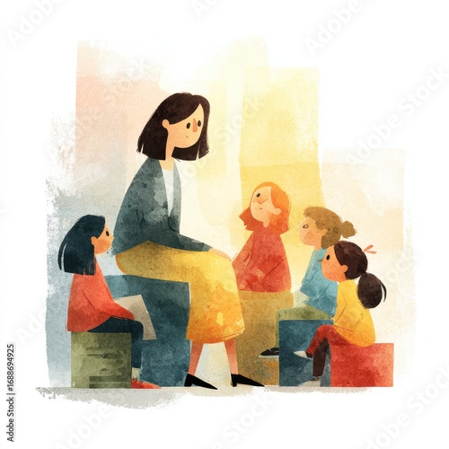 Storytelling session with children classroom illustration warm environment close-up educational engagement