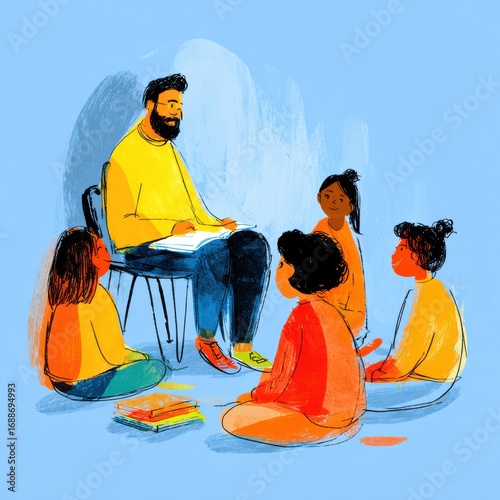 Storytelling session with children classroom illustration bright colors engaging atmosphere