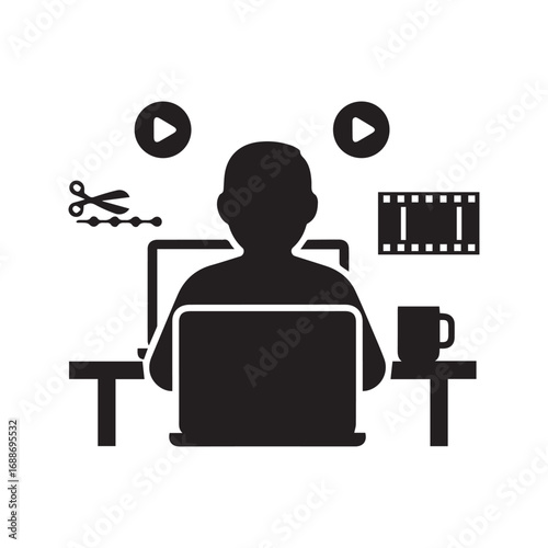 Video editor black glyph icon. Content creator at work on a laptop, post-production and motion graphics concept. Vlogger or freelancer editing footage.
