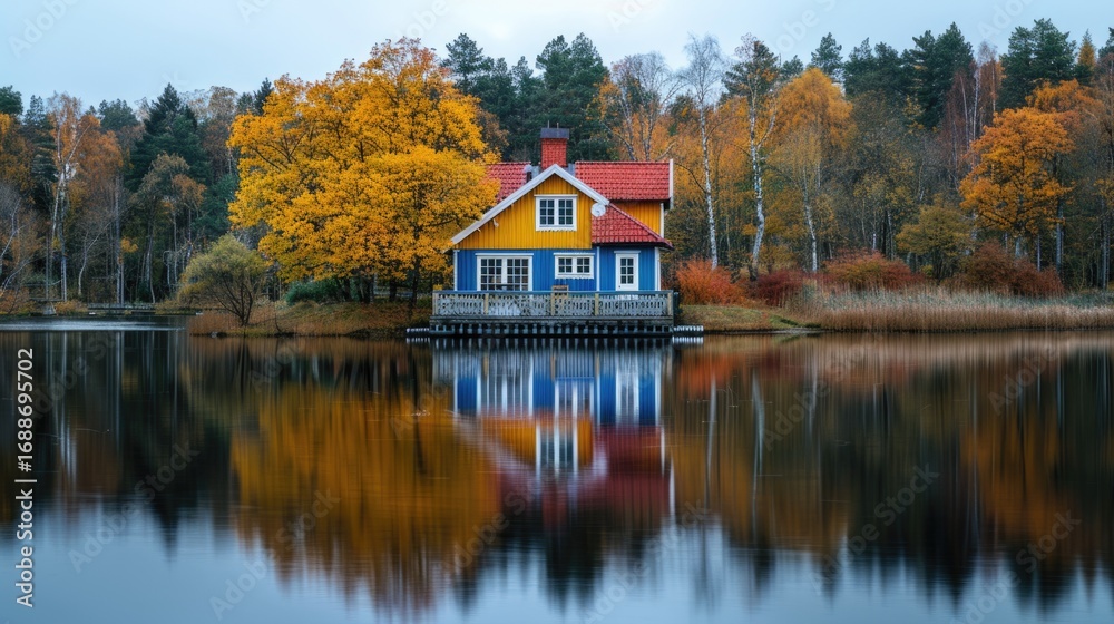 Obraz premium Colourful wooden house on the lake, Autumn landscape with house, Architectural background photography.