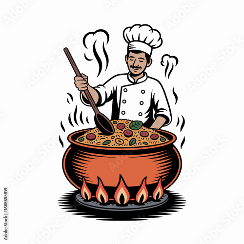 Indian Street Chef Cooking Biryani in Large Pot Illustration