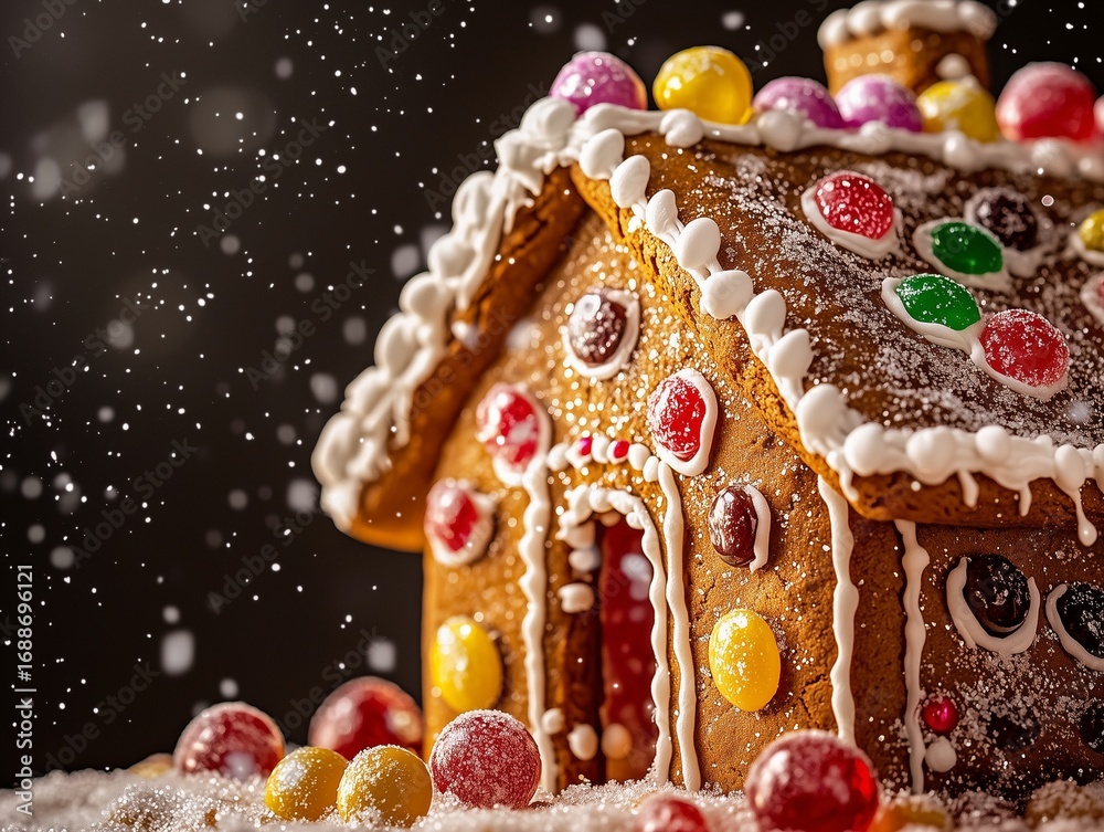 Naklejka premium Delicious Homemade Gingerbread House Decorated with Icing and Candy Against a Dark Background with Falling Snow for Festive Christmas Baking and Holiday Sweet Treats Concept