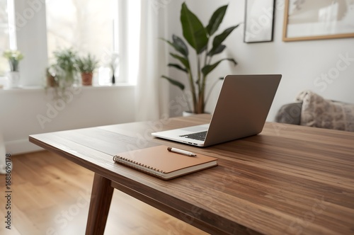 Side view picture of studio workplace with blank notebook, laptop. Designer comfortable work table, home office