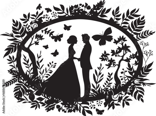 Silhouette of bride and groom, woman, silhouette, illustration, vector, beauty, flower, design, art, floral, fashion, lady, black, people, pattern, love, fairy, body, hair, nature, summer, dress, coup