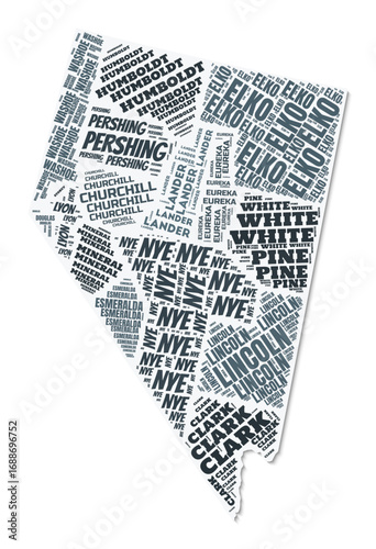 Nevada shape text cloud. State border with shadow on white background. Nevada with counties division in vintage gazette style. Creative vector illustration.